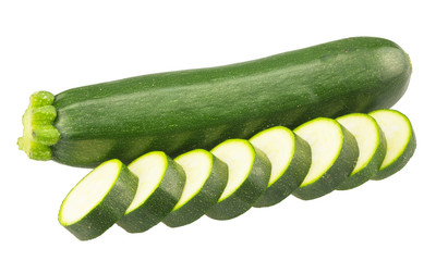 Fresh whole and sliced green courgettes isolated on white