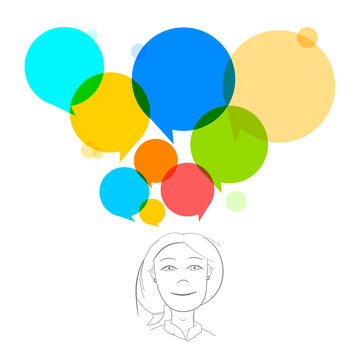 Vector Business Woman Illustration with Colorful Speech Bubbles