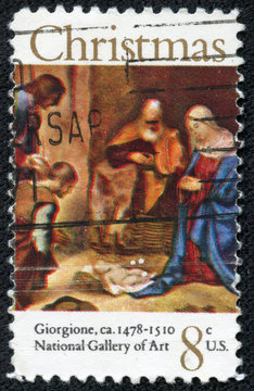 stamp shows painting Adoration of the Shepherds by Giorgione