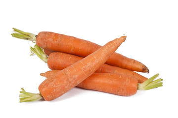 raw and fresh carrots in closeup over white