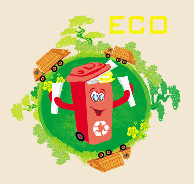 Recycling red bin with papers,  ecology concept with landscape a
