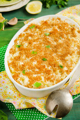 Fish pie baked with dorado, topped with mashed potato