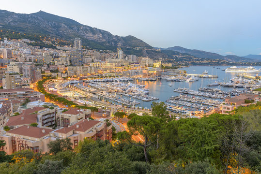 Aerial view of Monaco just after sunset