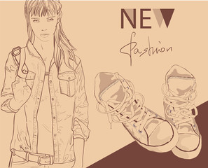 Pretty street fashion girl in sketch style. Vector illustration.