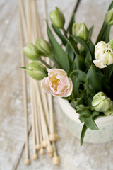 Bouquet of delicate pink tulips with knitting needles