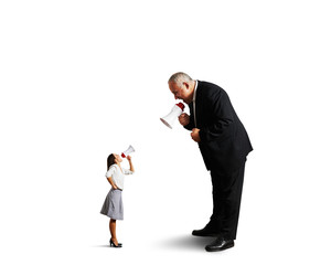 senior man screaming at small businesswoman