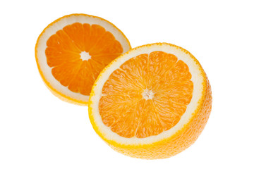 Two halves of orange fruit slightly overlapping