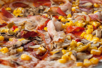 Fresh tasty pizza close up with sausage, corn, pepper and cheese