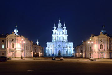 Fototapeta na wymiar Smolniy Cathedral at night, Saint Petersburg