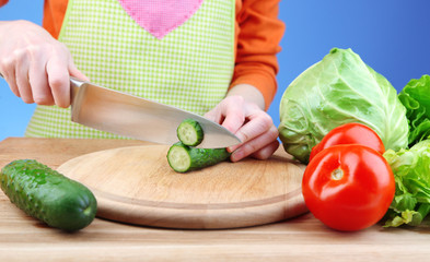 Female hands cutting cucumber