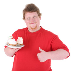 Fat man with creamy cake isolated on white