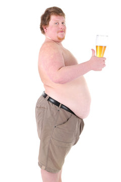 Fat man holding glass of beer, isolated on white