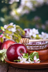 apples in a bowl with honey and apple flower on wooden table