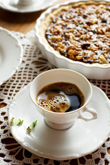 Coffee with chocolate walnut tart
