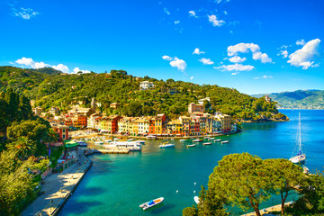 Fototapeta na wymiar Portofino luxury village landmark, panoramic aerial view. Liguri