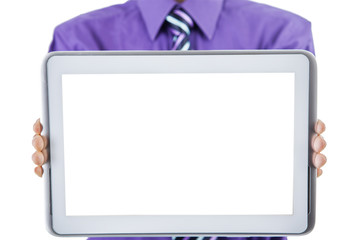 Businessman showing blank screen tablet