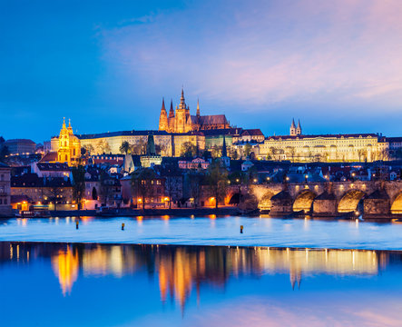 View of Charles Bridge and Prague Castle in twilight