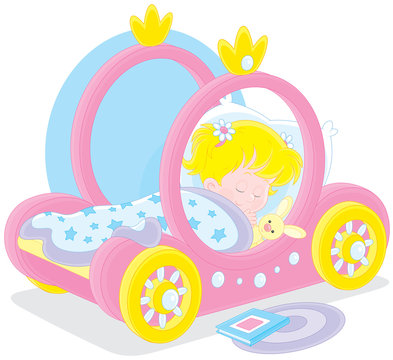 Girl sleeps in a bed - carriage of a princess