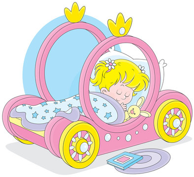 Little girl sleeps in her bed - carriage of a princess