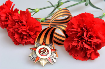 Saint George ribbon with order of Great Patriotic, red carnation