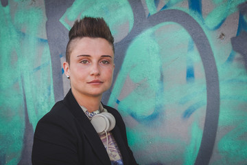 Pretty short hair girl posing against a wall