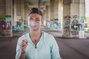 Portrait of short hair girl with hoodie smoking