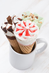 assortment ice cream in a waffle cone, selective focus