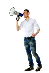 Man shouting through megaphone over white background