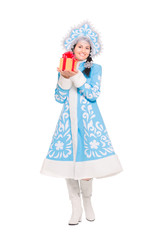 Cheerful brunette with gift.