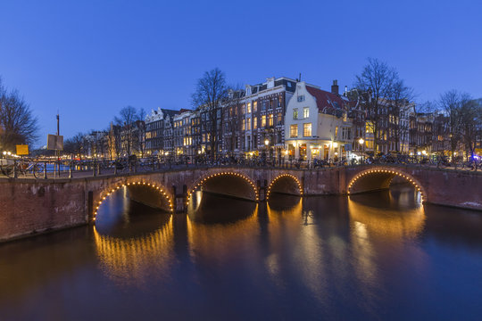Illuminated bridge in amsterdam