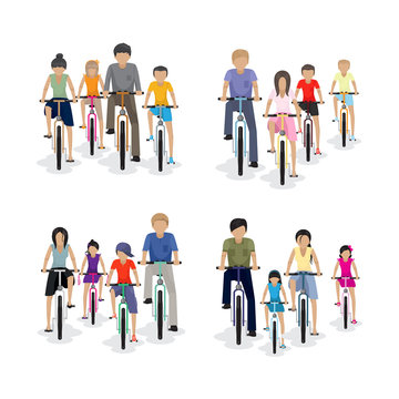 Families Riding A Bicycle - Isolated On White Background
