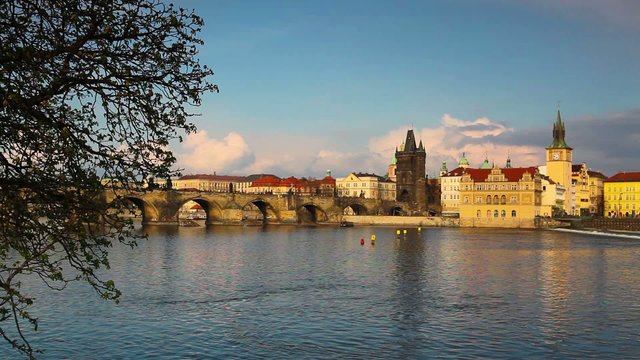 View from Kampa of Charles Bridge in Prague at sunset