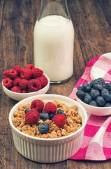 Granola with raspberries and blueberries