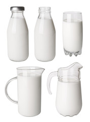 Bottle, glass and jug with milk isolated on white background