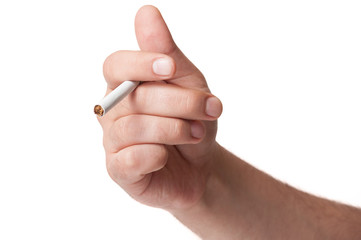 A white's man hand holding a cigarette on a white background.