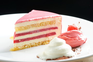 Raspberry cream cake with ice cream