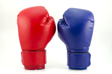 Pair of red and blue leather boxing gloves isolated on white
