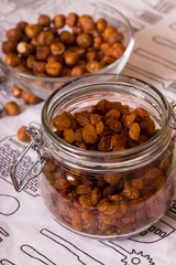 raisins in the jar and hazelnuts