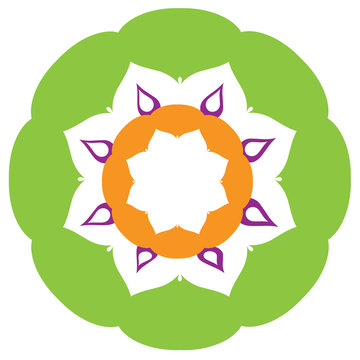 dable circle mandala, green,orange and violet petals