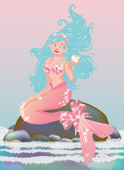 Young mermaid with pearl, vector illustration