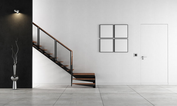 Minimalist living room with staircase - rendering