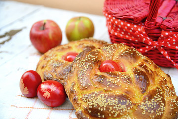 Easter eggs, basket and Easter