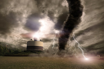 Tornado with lightning over a meteo station