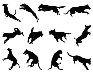 Black silhouettes of jumping dogs, vector