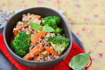 buckwheat groat  with carrot bacon, and broccoli
