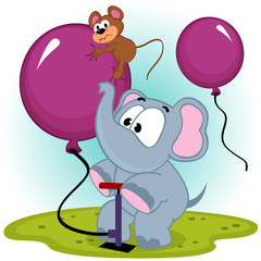 elephant inflating balloon with mouse - vector illustration