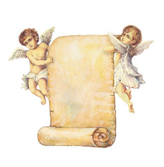 Aquarell Illustration: zwei Engel tragen eine alte Papierrolle