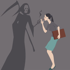 Grim Reaper giving a light to a woman with a cigarette