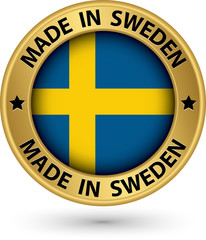 Made in Sweden gold label with flag, vector illustration