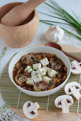 Vegetarian soup with tofu and mushrooms